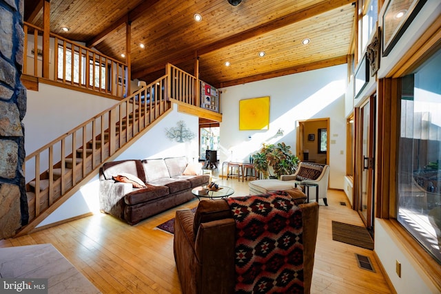 105 Fern Creek Ln, Martinsburg, WV 25404 - living area with stairs, hardwood / wood-style floors, high vaulted ceiling, wooden ceiling with exposed beams, and recessed lighting