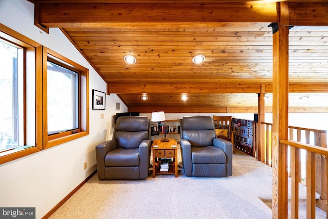 105 Fern Creek Ln, Martinsburg, WV 25404 - living area with carpet flooring, vaulted ceiling, baseboards, wooden ceiling, and recessed lighting
