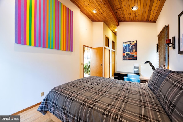 105 Fern Creek Ln, Martinsburg, WV 25404 - bedroom featuring wooden ceiling, wood finished floors, recessed lighting, baseboards, and a towering ceiling