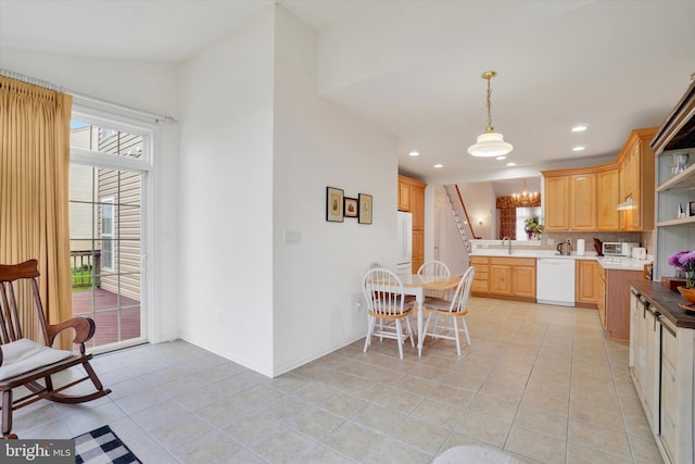 259 Prospect Cir Unit 8, Shrewsbury, PA 17361 - kitchen with white appliances, recessed lighting, open shelves, light tile patterned flooring, and hanging light fixtures