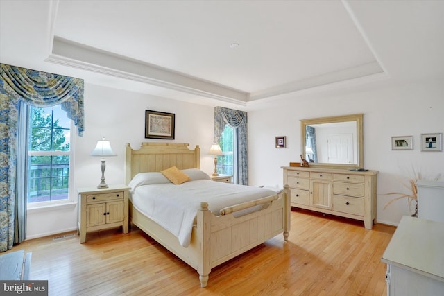 259 Prospect Cir Unit 8, Shrewsbury, PA 17361 - bedroom featuring a raised ceiling, multiple windows, and light wood-style flooring