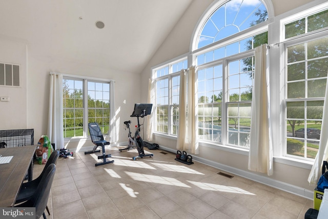 12801 Willow Marsh Ln, Bowie, MD 20720 - workout area with plenty of natural light, baseboards, tile patterned flooring, and high vaulted ceiling