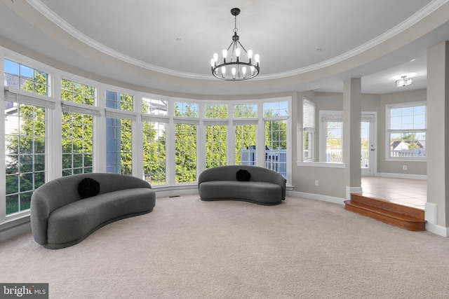 12801 Willow Marsh Ln, Bowie, MD 20720 - sunroom featuring carpet, ornamental molding, a chandelier, french doors, and baseboards