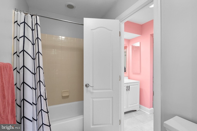 12801 Willow Marsh Ln, Bowie, MD 20720 - bathroom with shower / bathtub combination with curtain, tile patterned flooring, toilet, baseboards, and vanity