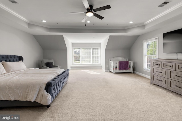 12801 Willow Marsh Ln, Bowie, MD 20720 - bedroom with crown molding, a raised ceiling, light carpet, recessed lighting, and baseboards