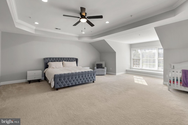 12801 Willow Marsh Ln, Bowie, MD 20720 - bedroom with a raised ceiling, recessed lighting, ornamental molding, light carpet, and baseboards