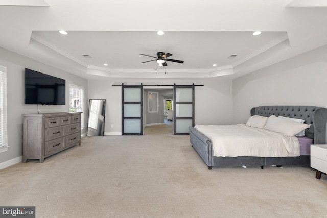 12801 Willow Marsh Ln, Bowie, MD 20720 - bedroom featuring a tray ceiling, a barn door, light carpet, ornamental molding, and baseboards