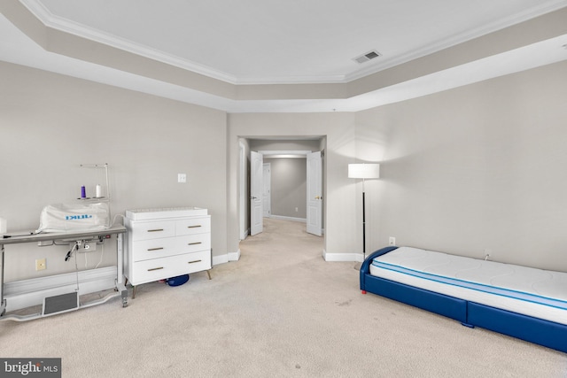 12801 Willow Marsh Ln, Bowie, MD 20720 - carpeted bedroom with ornamental molding, baseboards, and a tray ceiling