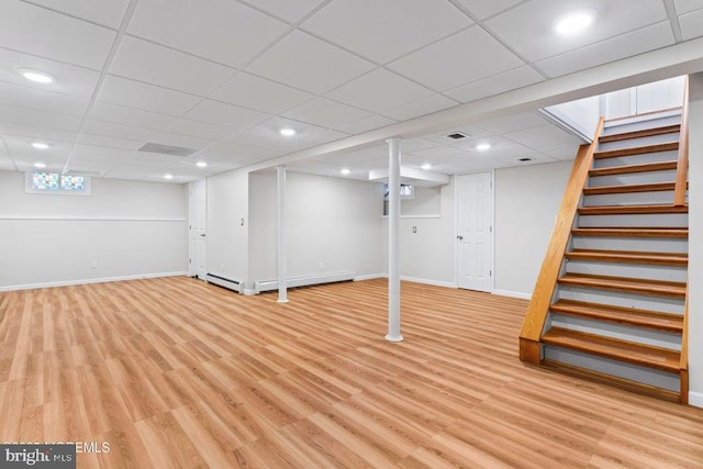 304 Terrace Ave, Toms River, NJ 08753 - basement featuring stairway, light wood finished floors, baseboards, a baseboard radiator, and recessed lighting