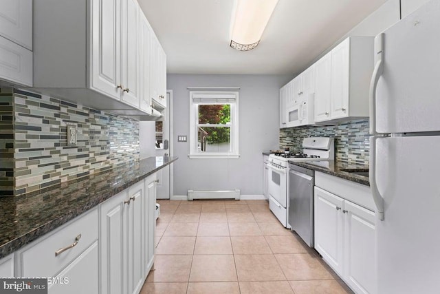 304 Terrace Ave, Toms River, NJ 08753 - kitchen with white appliances, baseboard heating, backsplash, and white cabinetry