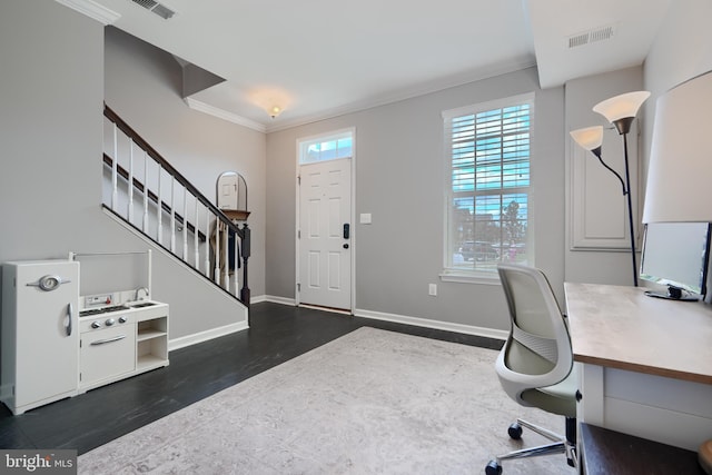 888 S Macon St, Baltimore, MD 21224 - home office with ornamental molding, baseboards, and dark wood finished floors