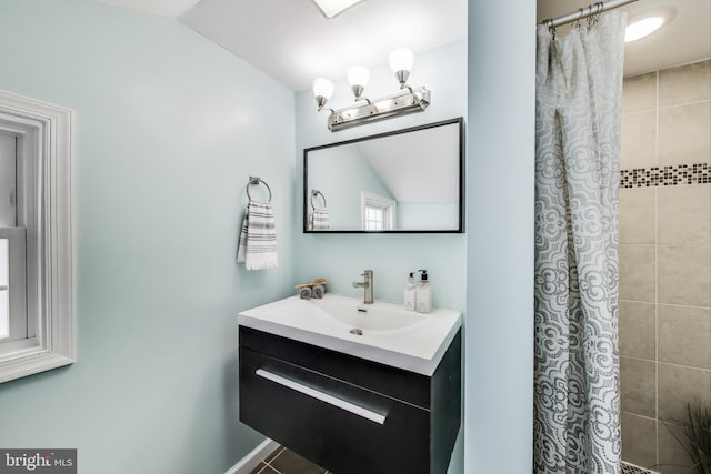 3404 Shepherd St, Mount Rainier, MD 20712 - full bathroom featuring vanity, tiled shower, and vaulted ceiling