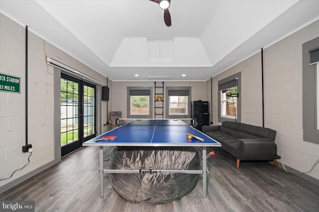 1408 Riverview Ave, Wilmington, DE 19806 - rec room with a raised ceiling, wood finished floors, ceiling fan, recessed lighting, and concrete block wall