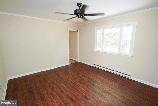 1206 Orchard Cir, Salisbury, MD 21801 - empty room with a baseboard radiator, wood finished floors, ceiling fan, crown molding, and baseboards