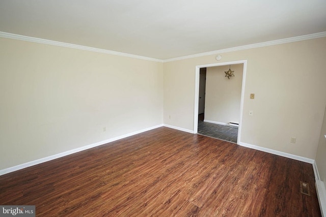 1206 Orchard Cir, Salisbury, MD 21801 - empty room featuring dark wood finished floors, crown molding, baseboards, and a baseboard radiator
