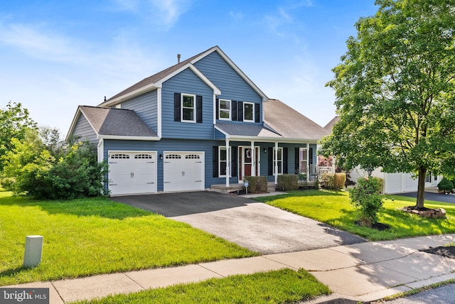 53 Pebble Beach Ln, Pottstown, PA 19464 - traditional home featuring covered porch, asphalt driveway, a front lawn, and a shingled roof