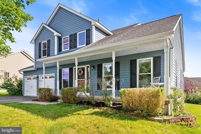 53 Pebble Beach Ln, Pottstown, PA 19464 - view of front of home featuring asphalt driveway, an attached garage, a porch, a front lawn, and a shingled roof