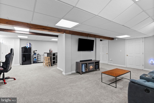 53 Pebble Beach Ln, Pottstown, PA 19464 - living room featuring a paneled ceiling, carpet floors, and baseboards