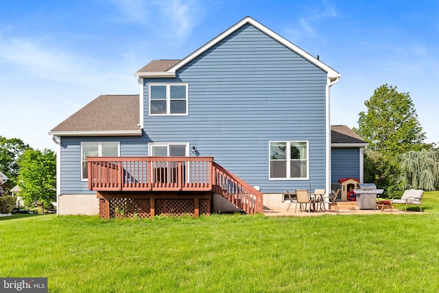 53 Pebble Beach Ln, Pottstown, PA 19464 - rear view of property with a wooden deck, a yard, a patio area, and roof with shingles