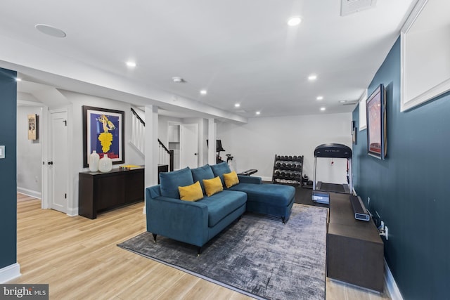 6200 Broad Branch Rd NW, Washington, DC 20015 - living room with baseboards, light wood finished floors, stairs, and recessed lighting