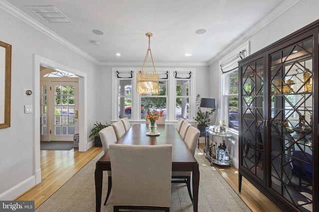 6200 Broad Branch Rd NW, Washington, DC 20015 - dining room with wood finished floors, baseboards, ornamental molding, a chandelier, and recessed lighting