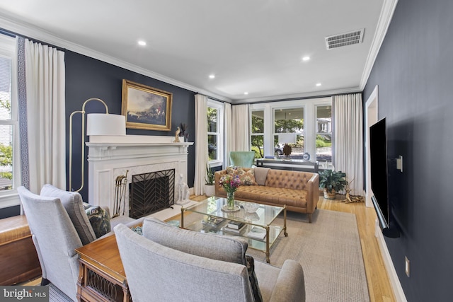 6200 Broad Branch Rd NW, Washington, DC 20015 - living area with wood finished floors, ornamental molding, a fireplace with flush hearth, and recessed lighting