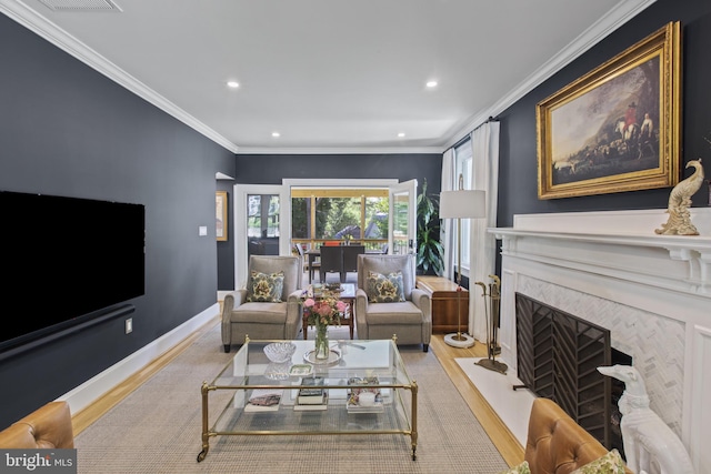 6200 Broad Branch Rd NW, Washington, DC 20015 - living area with light wood-style floors, recessed lighting, a tiled fireplace, ornamental molding, and baseboards