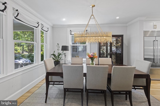 6200 Broad Branch Rd NW, Washington, DC 20015 - dining room with light wood finished floors, crown molding, recessed lighting, baseboards, and a chandelier