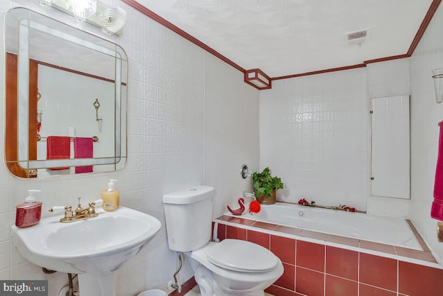 9803 Luke Ct, Upper Marlboro, MD 20772 - bathroom featuring tiled bath, ornamental molding, and tile walls
