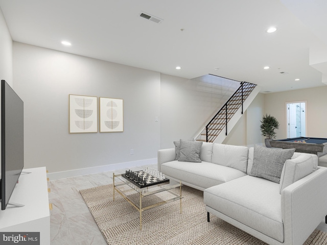 632 Moyer St, Philadelphia, PA 19125 - living room featuring stairway, recessed lighting, billiards, light marble finish floors, and baseboards