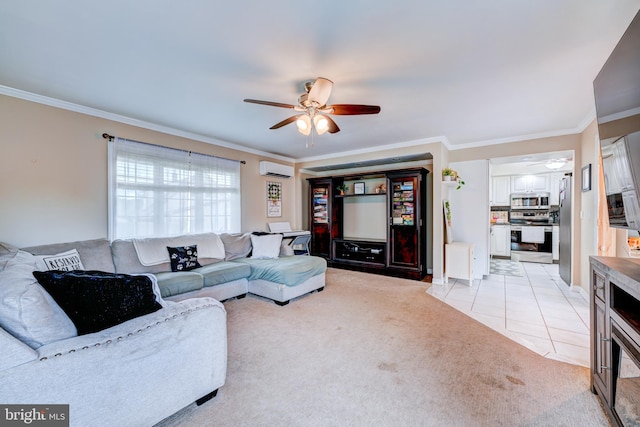 54 Camellia Rd, Levittown, PA 19057 - living room featuring a ceiling fan, a wall mounted AC, crown molding, light colored carpet, and light tile patterned flooring