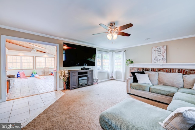 54 Camellia Rd, Levittown, PA 19057 - carpeted living room featuring ceiling fan, crown molding, and baseboards