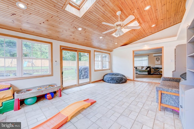 54 Camellia Rd, Levittown, PA 19057 - recreation room with vaulted ceiling, a skylight, wood ceiling, recessed lighting, and a ceiling fan