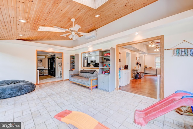 54 Camellia Rd, Levittown, PA 19057 - living room with a skylight, a ceiling fan, wood ceiling, and recessed lighting