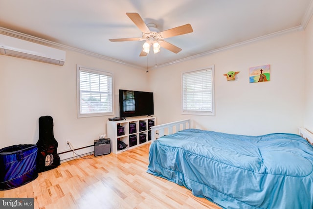 54 Camellia Rd, Levittown, PA 19057 - bedroom featuring an AC wall unit, crown molding, baseboard heating, wood finished floors, and a ceiling fan