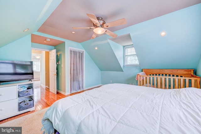 54 Camellia Rd, Levittown, PA 19057 - bedroom featuring wood finished floors, vaulted ceiling, a ceiling fan, baseboards, and recessed lighting