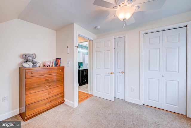 54 Camellia Rd, Levittown, PA 19057 - bedroom featuring baseboards, light carpet, lofted ceiling, and ceiling fan