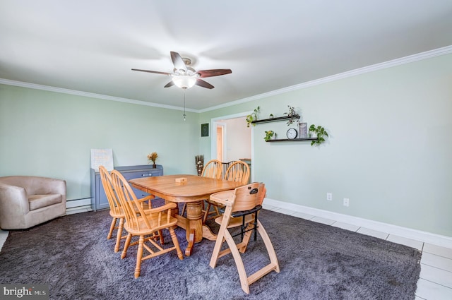 54 Camellia Rd, Levittown, PA 19057 - dining area with baseboard heating, ornamental molding, ceiling fan, tile patterned floors, and baseboards