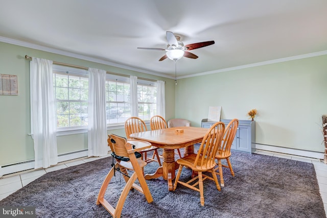 54 Camellia Rd, Levittown, PA 19057 - dining area with a baseboard heating unit, tile patterned flooring, ceiling fan, crown molding, and baseboards
