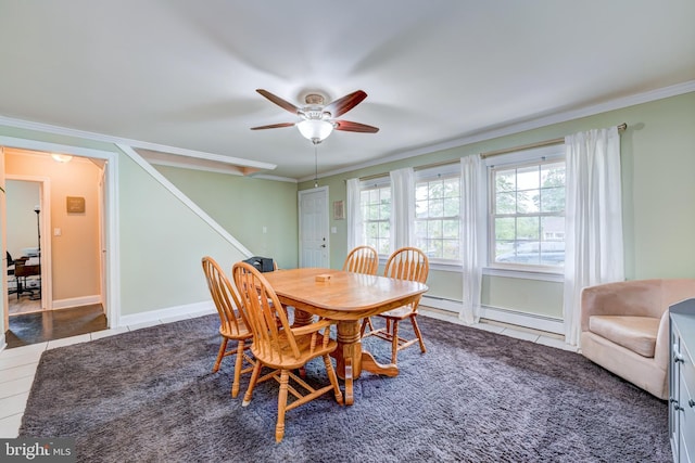 54 Camellia Rd, Levittown, PA 19057 - tiled dining room with a ceiling fan, crown molding, baseboard heating, stairway, and baseboards