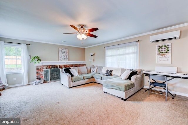 54 Camellia Rd, Levittown, PA 19057 - living area with a wall mounted air conditioner, ornamental molding, carpet flooring, a ceiling fan, and baseboards