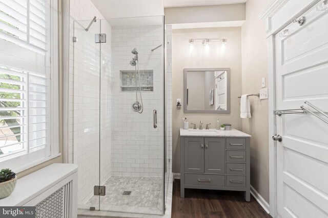 858 S Front St, Philadelphia, PA 19147 - bathroom with a shower stall, vanity, wood finished floors, and plenty of natural light