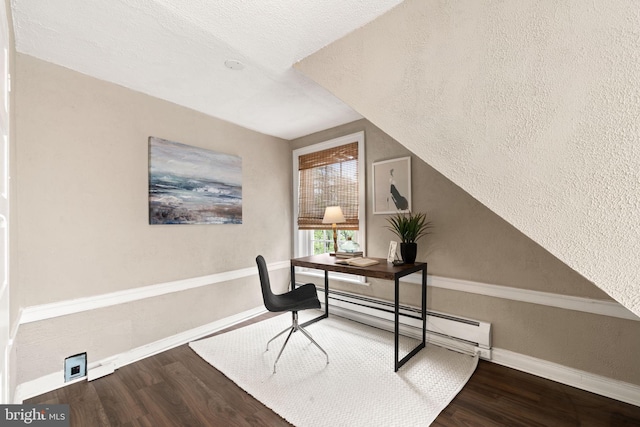 858 S Front St, Philadelphia, PA 19147 - office with wood finished floors, a baseboard radiator, baseboards, and a textured wall