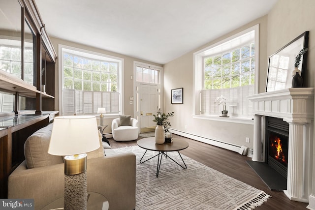 858 S Front St, Philadelphia, PA 19147 - living area featuring baseboard heating, wood finished floors, healthy amount of natural light, and a lit fireplace