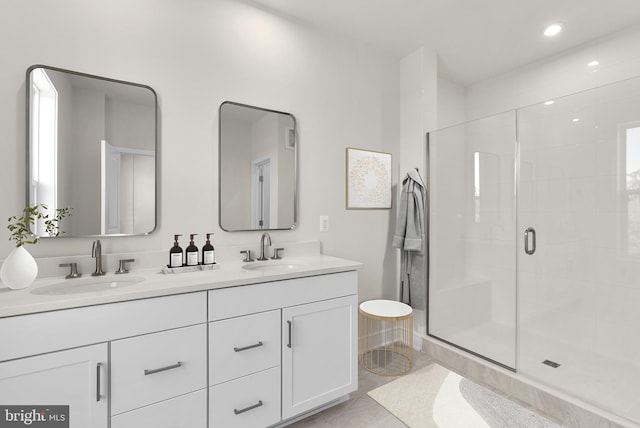 43288 Farringdon Sq, Broadlands, VA 20148 - bathroom featuring double vanity, a stall shower, and recessed lighting