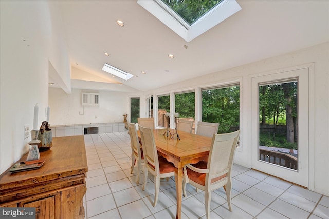 22 Woodholme Village Ct, Baltimore, MD 21208 - dining area with a skylight, vaulted ceiling, light tile patterned flooring, and recessed lighting