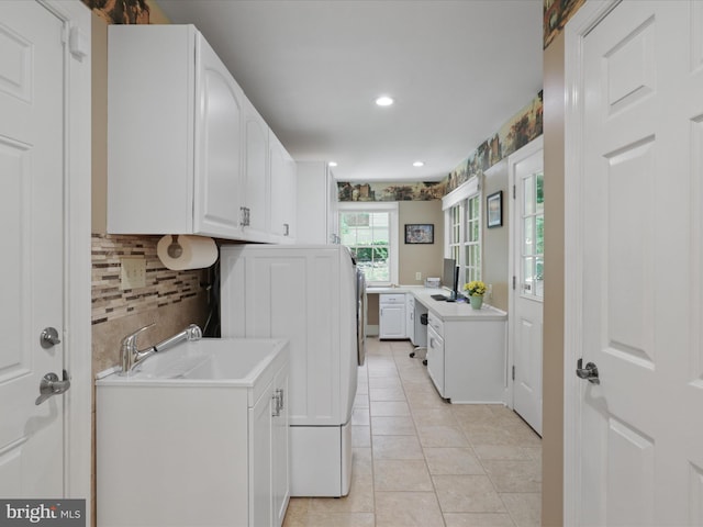 6805 Spout Ln, Fairfax Station, VA 22039 - washroom with light tile patterned flooring, washer / clothes dryer, recessed lighting, a desk, and a sink