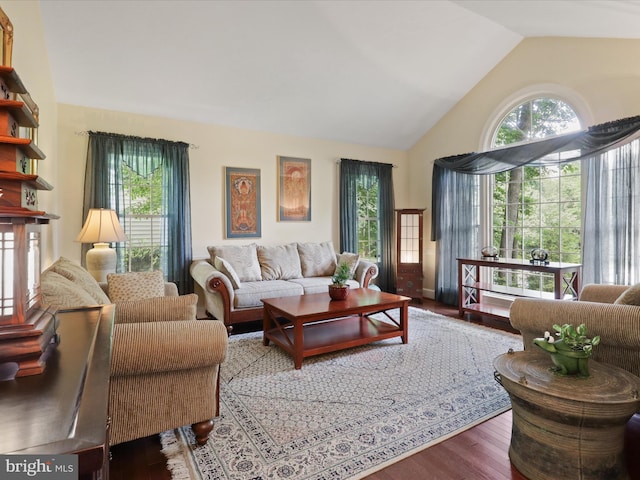 6805 Spout Ln, Fairfax Station, VA 22039 - living area featuring healthy amount of natural light, lofted ceiling, and wood finished floors