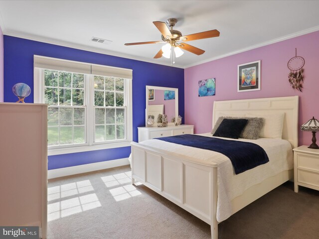 6805 Spout Ln, Fairfax Station, VA 22039 - carpeted bedroom featuring crown molding, a ceiling fan, and baseboards
