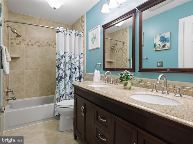 6805 Spout Ln, Fairfax Station, VA 22039 - full bath with shower / bath combo with shower curtain, tile patterned flooring, double vanity, and toilet